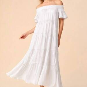 NEW MINTCHOCO off-shoulder smocked tiered maxi dress in white